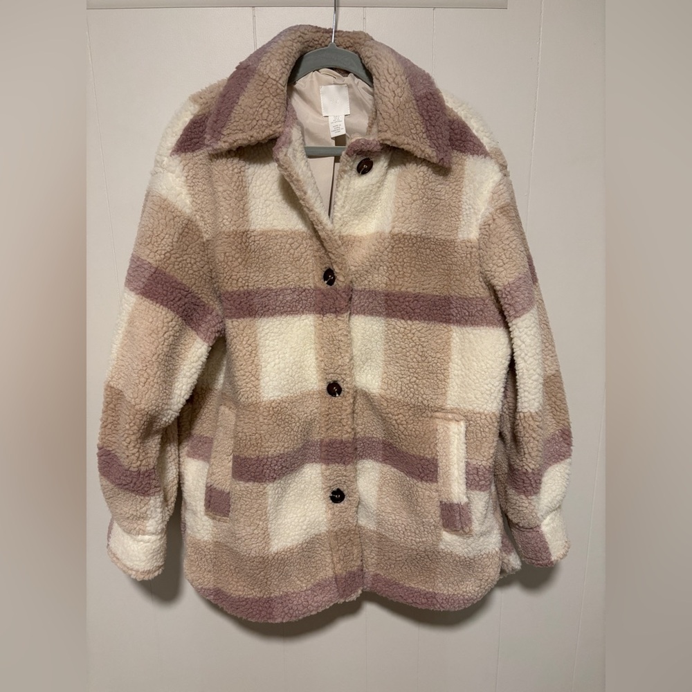 Plaid Sherpa Jacket in Beige, Cream and Pink - NWOT